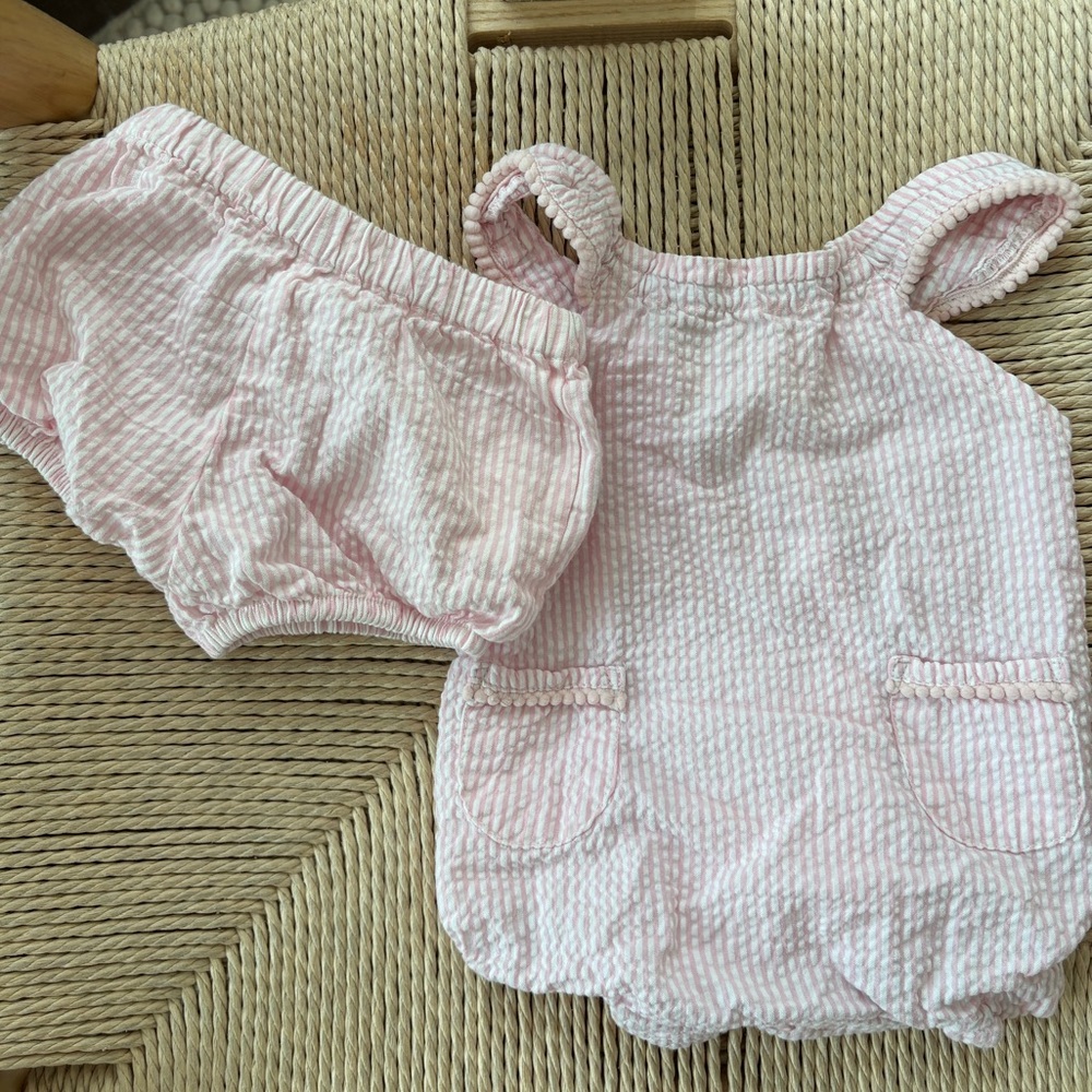 Monica + Andy Pink and White Seersucker Bubble Romper and Bloomers